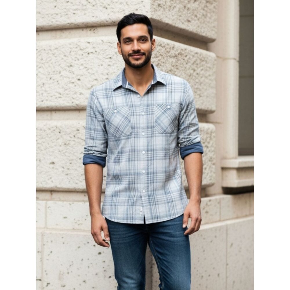 CleanβGuy Blue Plaid Button Down American Rag Chambray Casual Shirt Everyday